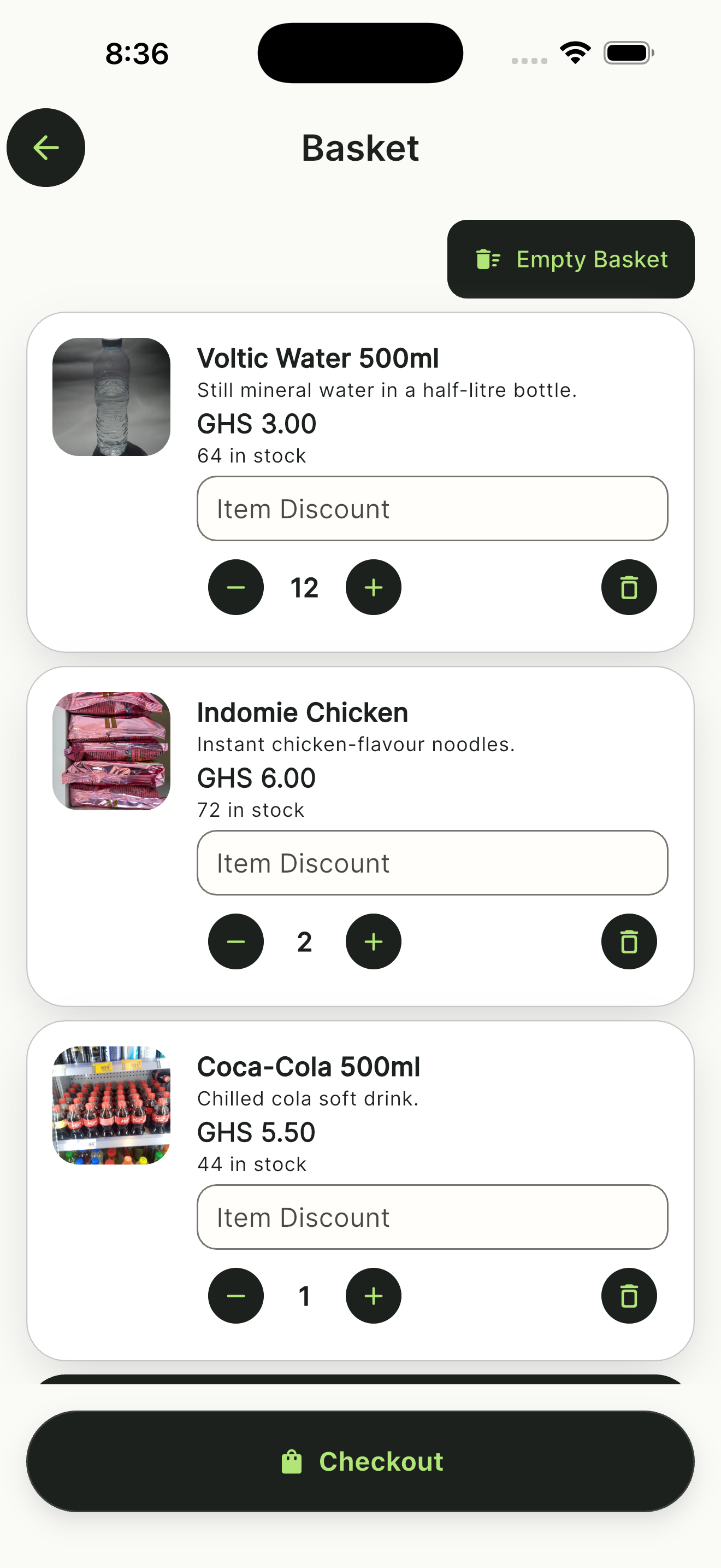NOKO basket with product quantities and totals