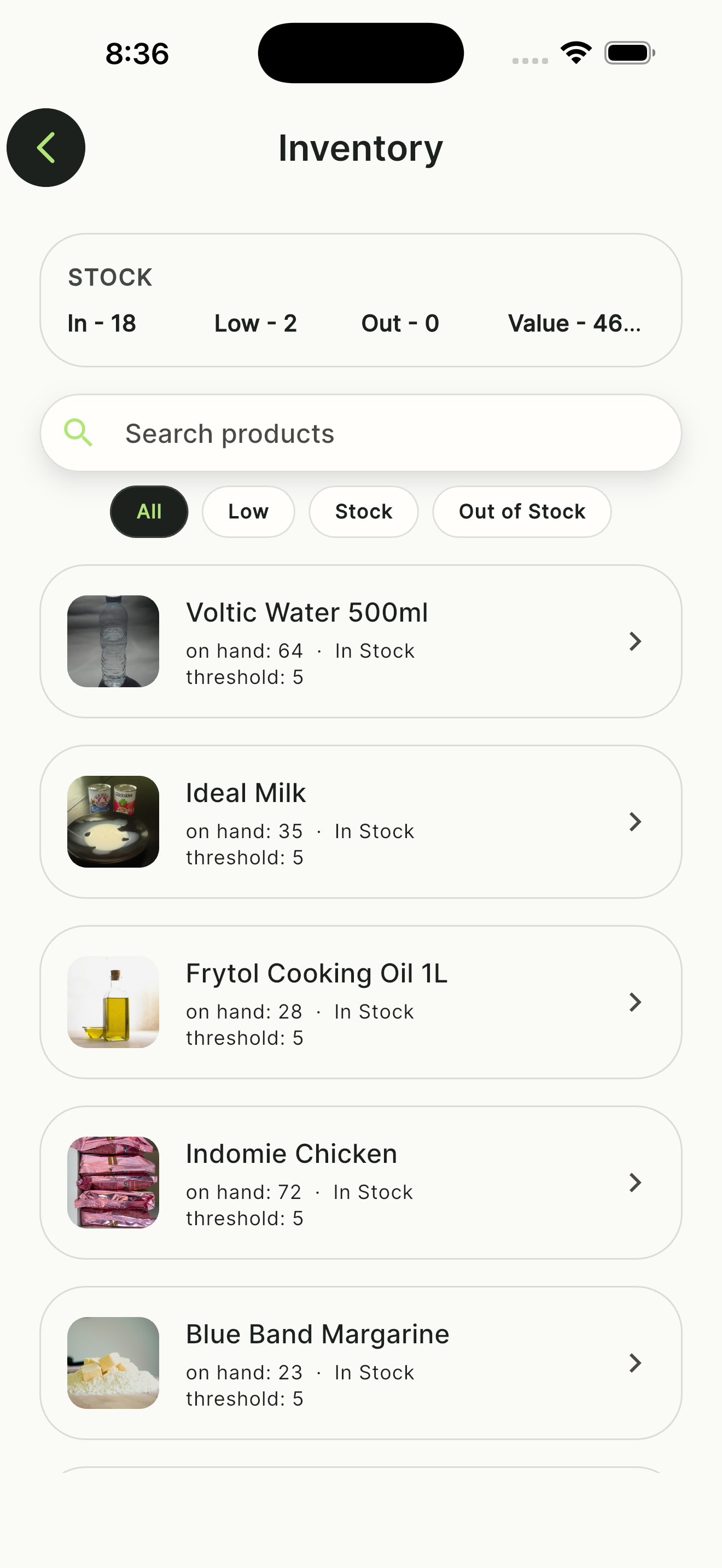 NOKO inventory workspace with stock quantities