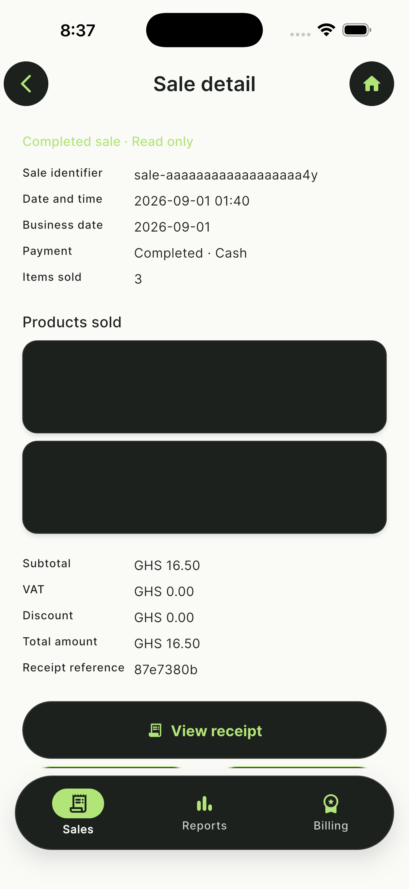 NOKO completed sale record with line items and total